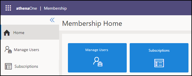 Membership home page showing the navigation menu and the blue buttons for Manage Users and Subscriptions.